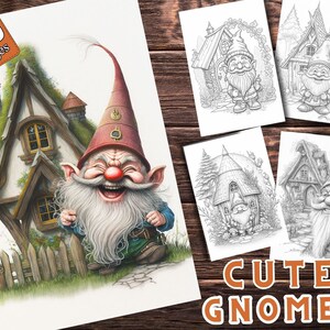 Enchanted Gnomes Coloring Pages for Adults and for Kids  for Relax and Stress Relief, Grayscale Coloring Book, Printable PDF
