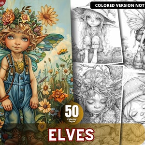 Könnte beinhalten: Ein Malbuch mit 50 Illustrationen von Elfen. Der Umschlag zeigt eine detaillierte Illustration eines Elfen mit Flügeln und einer Blumenkrone, der in einem Blumenfeld steht. Der Text "50 Coloring Pages ELVES" ist auf dem Umschlag gedruckt.