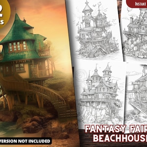 Fantasy Fairy Beachhouse Coloring Pages for Adults and for Kids  Grayscale Coloring, Printable PDF