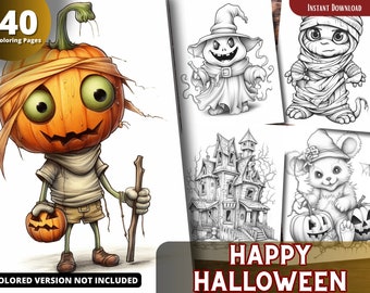 Happy Halloween Grayscale Coloring Book, Kids & Adults (Printable PDF)