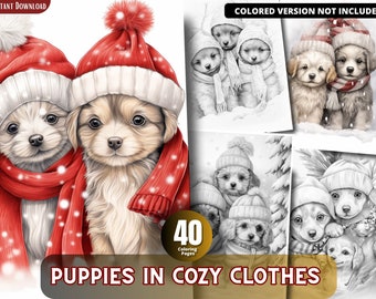 Libro para colorear de cachorros con ropa en escala de grises, para aliviar el estrés (PDF imprimible)