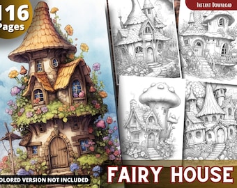 Fairy Houses Grayscale Coloring Pages for Adults and Kids (Printable PDF)