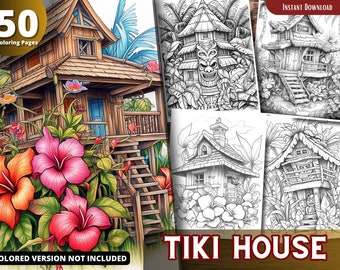 Tiki Fairy Houses Coloring Pages for Adults and for Kids for Relax and Stress Relief, Grayscale Coloring Book, Printable PDF