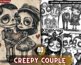 May include: A black and white illustration of a creepy couple holding hearts. The image is part of a set of 40 coloring pages titled "Creepy Couple".