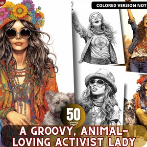 A Groovy, Animal-loving Activist lady Pretty Girls Coloring Pages for Adults and for Kids, Grayscale Coloring Book, Printable PDF