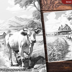 Może przedstawiać: Czarno-biała ilustracja wiejskiej sceny z domem wiejskim, samochodem i krową na pierwszym planie. Dom wiejski ma werandę i komin. Samoch&oacute;d to zabytkowy pick-up. Krowa stoi na polu.