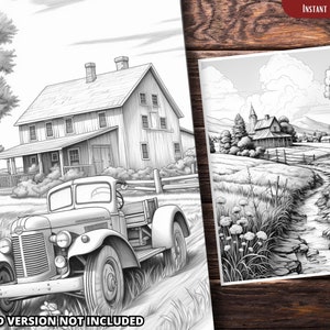 Może przedstawiać: Czarno-biała ilustracja vintage'owego samochodu ciężarowego zaparkowanego przed wiejskim domem. Ciężar&oacute;wka ma platformę ładunkową i dużą kratkę. Wiejski dom ma werandę i komin. Scena rozgrywa się na wsi, wśr&oacute;d drzew i trawy.