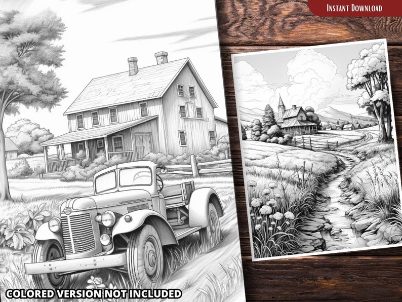 Może przedstawiać: Czarno-biała ilustracja vintage'owego samochodu ciężarowego zaparkowanego przed wiejskim domem. Ciężar&oacute;wka ma platformę ładunkową i dużą kratkę. Wiejski dom ma werandę i komin. Scena rozgrywa się na wsi, wśr&oacute;d drzew i trawy.