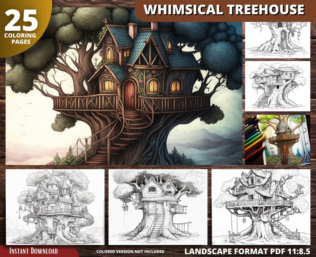 Whimsical Treehouse Fantasy Coloring Pages for Adults and for Kids for