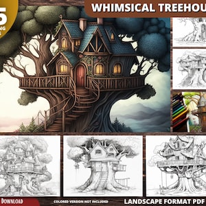 Whimsical Treehouse Fantasy Coloring Pages for Adults and for Kids for Relax and Stress Relief, Grayscale Coloring Book, Printable PDF