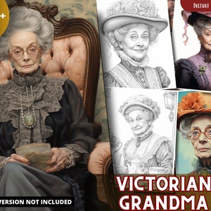 Victorian Grandma Coloring Pages for Adults and for Kids for Relax and Stress Relief, Grayscale Coloring Book, Printable PDF