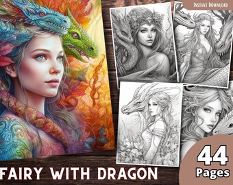 Fairies and Dragons Grayscale Coloring Book For Adults, Printable (PDF)