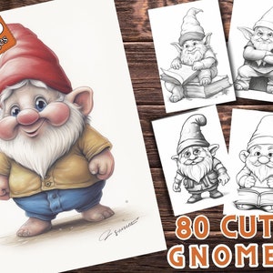 Cute Gnomes Coloring Pages for Adults and for Kids for Relax and Stress Relief, Grayscale Coloring Book, Printable PDF