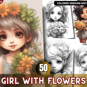 Mädchen mit Blume Malseiten für Erwachsene und für Kinder zum Entspannen und Stressabbau, Graustufen-Malbuch, printable PDF