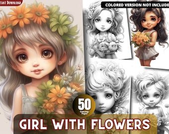 Mädchen mit Blume Malseiten für Erwachsene und für Kinder zum Entspannen und Stressabbau, Graustufen-Malbuch, printable PDF