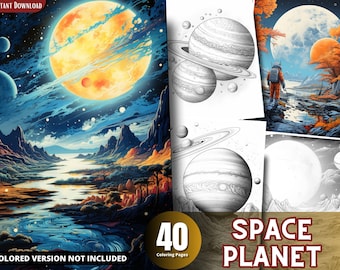 Space Planet Grayscale Coloring Pages, Adults & Kids (Printable PDF)
