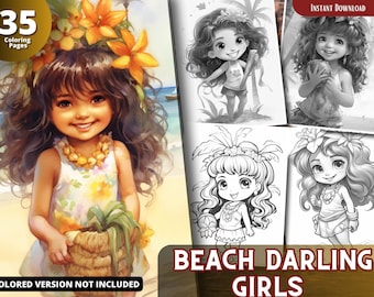 Beach Darling Girls Grayscale Coloring Book, Printable PDF