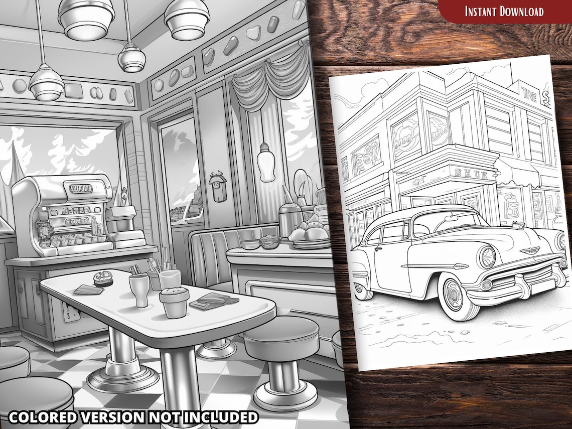 Classic 1950s Diner Coloring Pages for Adults and for Kids for Relax