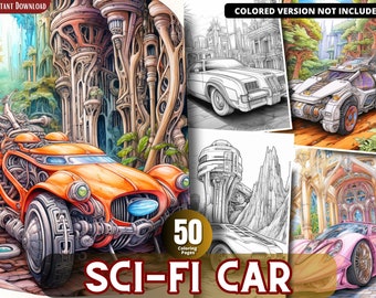 Sci-fi Car Coloring Pages for Adults and for Kids for Relax and Stress Relief, Grayscale Coloring Book, Printable PDF