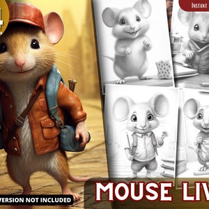 Mouse Coloring Pages for Adults and for Kids for Relax and Stress Relief, Grayscale Coloring Book, Printable PDF