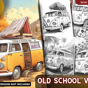 Old School Van for Adults and for Kids Coloring Pages for Relax and Stress Relief, Grayscale Coloring Book, Printable PDF