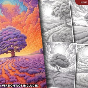 May include: A digital coloring page featuring a purple tree with a winding path leading to it. The tree is set against a backdrop of a lavender field and a swirling, orange and blue sky. The image is in black and white, ready for coloring.