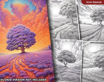 May include: A digital coloring page featuring a purple tree with a winding path leading to it. The tree is set against a backdrop of a lavender field and a swirling, orange and blue sky. The image is in black and white, ready for coloring.
