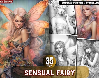 Sensual Fairy Grayscale Coloring Book Pages, Printable PDF