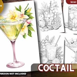 Coctail Coloring Pages for Adults and for Kids for Relax and Stress Relief, Grayscale Coloring Book, Printable PDF