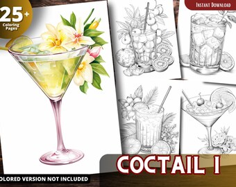 May include: A set of four black and white line drawings of cocktails. Each drawing features a different cocktail with various fruits and garnishes. The title "Cocktail I" is written in large letters at the bottom of the image.