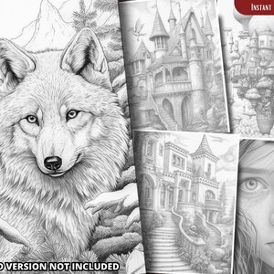 May include: A black and white coloring book page featuring a wolf, a castle, a floating island, and a girl's face. The image is in a realistic style and is suitable for adults.