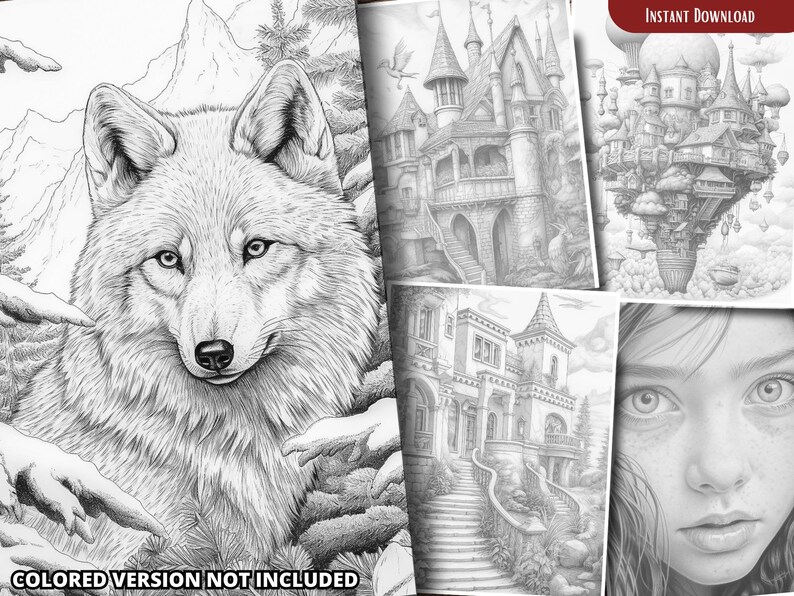 May include: A black and white coloring book page featuring a wolf, a castle, a floating island, and a girl's face. The image is in a realistic style and is suitable for adults.