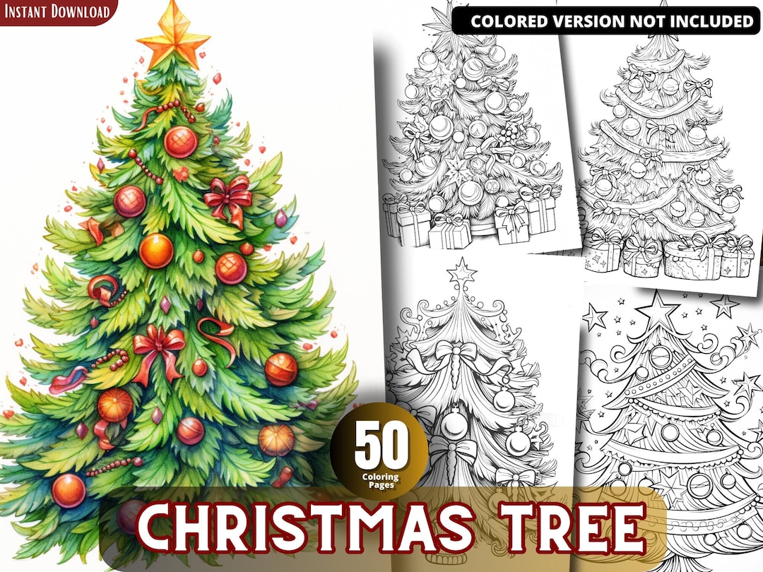 Christmas Tree Coloring Pages for Adults and for Kids, Grayscale ...