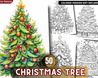 Christmas Tree Coloring Pages for Adults and for Kids, Grayscale Coloring Book, Printable PDF