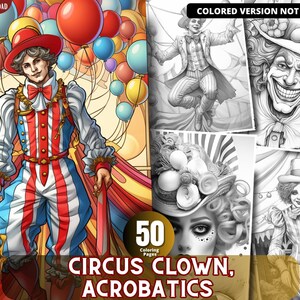 Circus Clown, Acrobatics Coloring Pages for Adults and for Kids for Relax and Stress Relief, Grayscale Coloring Book, Printable PDF