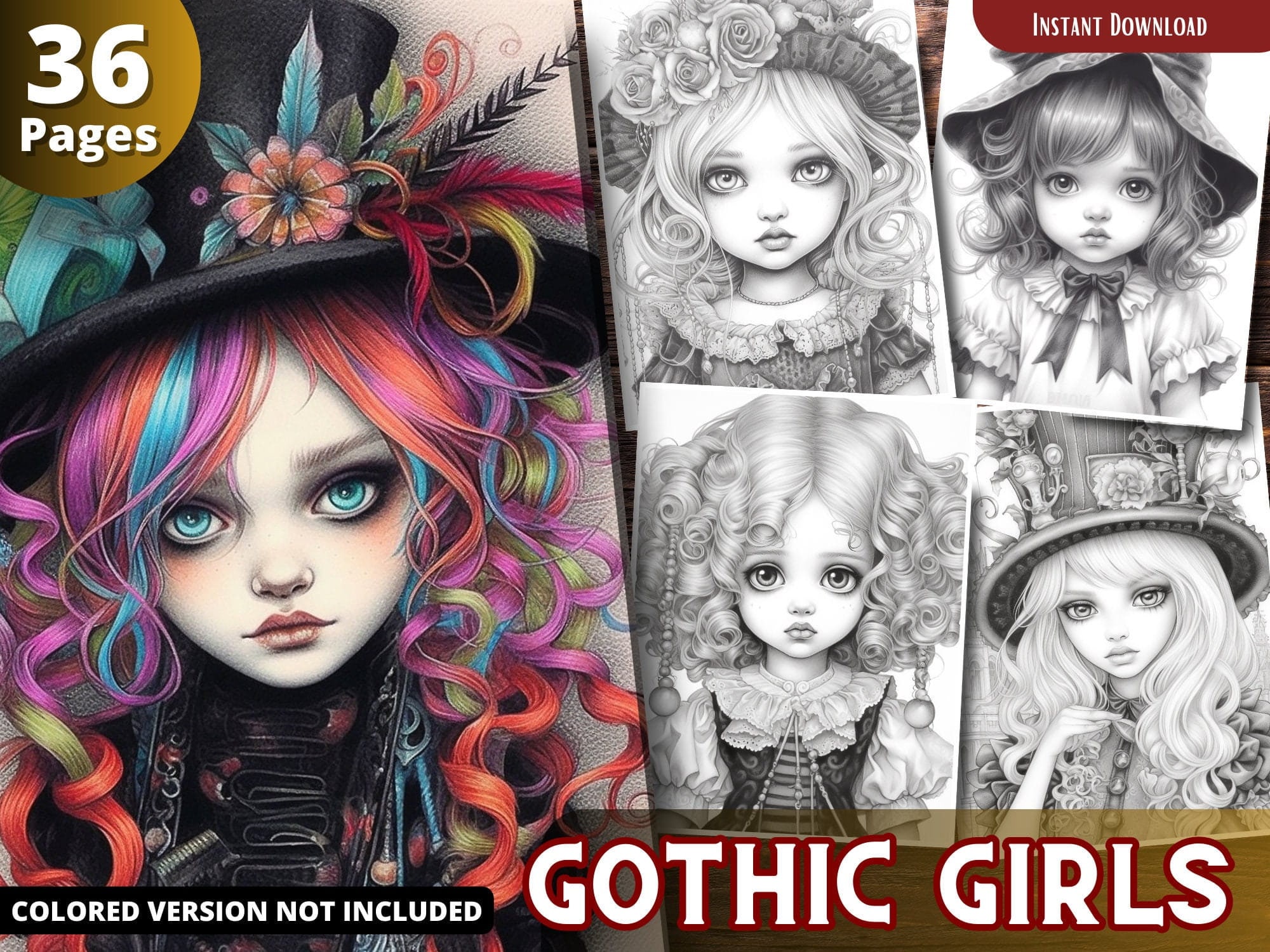 Gothic Cute Girl Coloring Pages for Adults and for Kids Grayscale ...