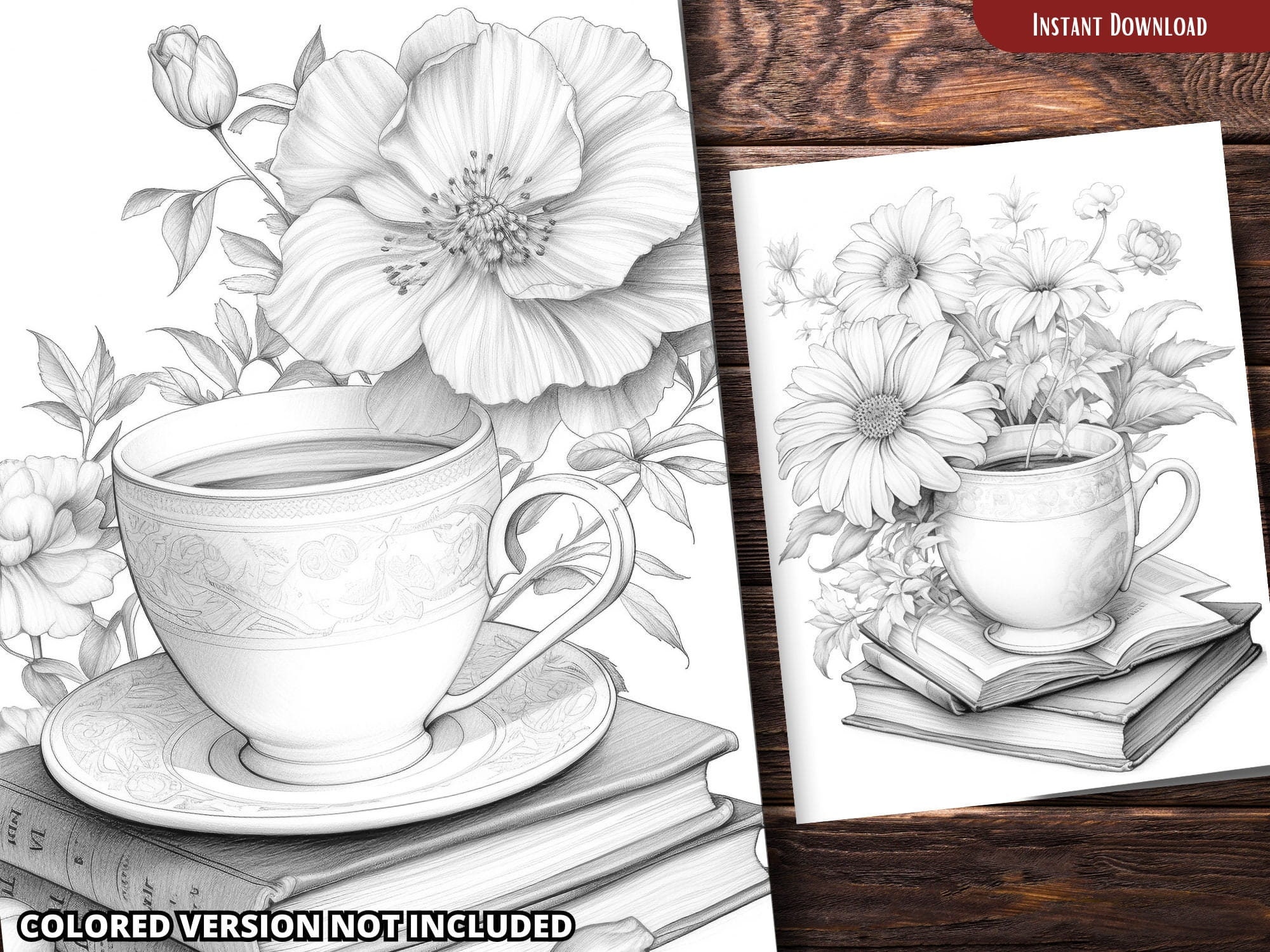 Teacup and Flower Coloring Pages for Adults and for Kids for Relax and ...