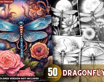 Dragonfly Coloring Pages for Adults and for Kids for Relax and Stress Relief, Grayscale Coloring Book, Printable PDF