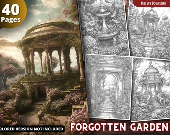 Forgotten Garden Grayscale Coloring Book, Relaxing Adults & Kids (Printable PDF)