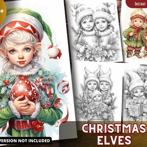 Peut inclure: Un ensemble de plus de 40 pages à colorier représentant des lutins de Noël. Les pages comprennent des illustrations de lutins tenant des ornements, des cadeaux et des paniers de houx. Le texte "Christmas Elves" est imprimé en bas de l'image.