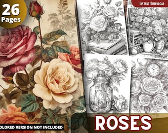 Dibujos para colorear de rosas en escala de grises para adultos y niños (PDF imprimible)