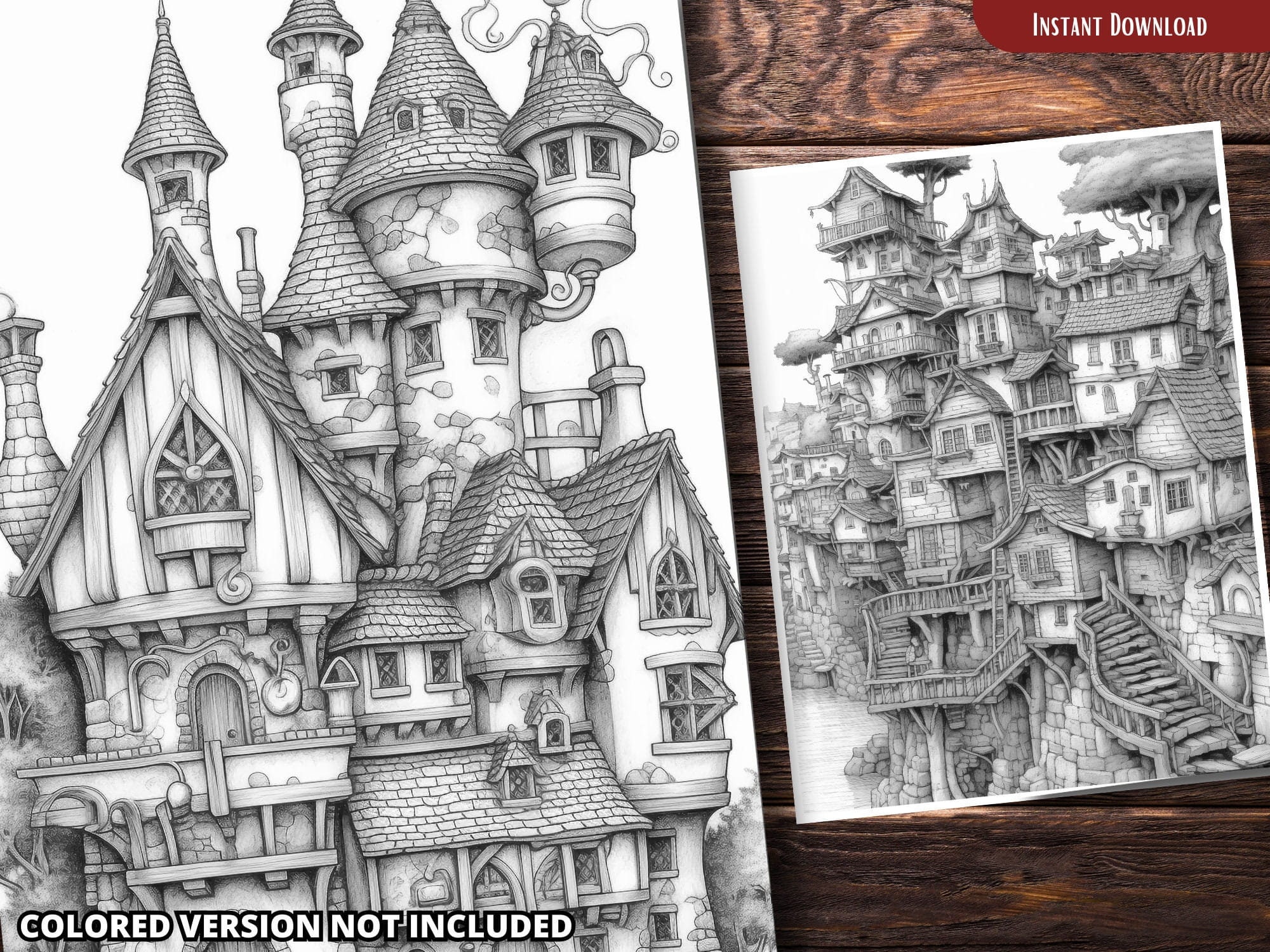 Fantasy Fairy Town Coloring Pages for Adults and for Kids for Relax and ...