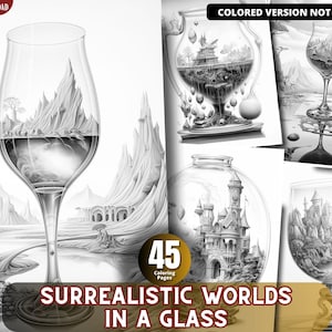 Surrealistic Worlds in a Glass Coloring Pages for Adults and for Kids Grayscale Coloring, Printable PDF