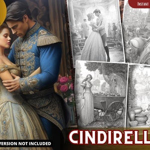 Cindirella Coloring Pages for Adults and for Kids for Relax and Stress Relief, Grayscale Coloring Book, Printable PDF