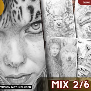 May include: A black and white coloring book with 25 pages featuring a mix of animal and fantasy illustrations. The cover features a close-up of a woman's face with a tiger-like pattern. The text "MIX 2/6" is visible in the lower right corner.