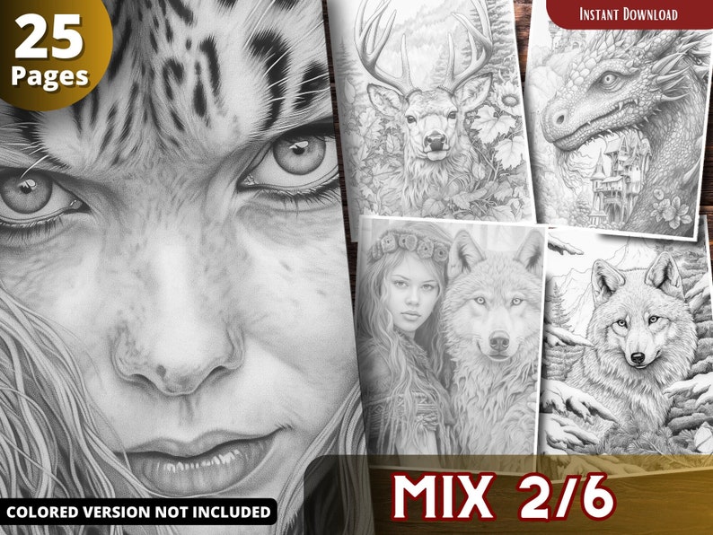 May include: A black and white coloring book with 25 pages featuring a mix of animal and fantasy illustrations. The cover features a close-up of a woman's face with a tiger-like pattern. The text "MIX 2/6" is visible in the lower right corner.