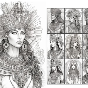 Egyptian Goddesses Portraits Coloring Pages for Adults and for Kids for Relax and Stress Relief, Grayscale Coloring Book, Printable PDF