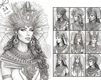 Egyptian Goddesses Portraits Coloring Pages for Adults and for Kids for Relax and Stress Relief, Grayscale Coloring Book, Printable PDF