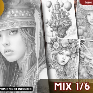 May include: A collection of 25 coloring pages featuring a variety of illustrations, including a woman with a headdress, a floating castle, a woman with a flower crown, and a dragon. The text "MIX 1/6" is visible in the bottom right corner.