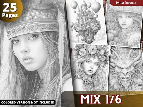 Mix of Coloring Pages for Adults and for Kids for Relax and Stress Relief, Grayscale Coloring Book, Printable PDF